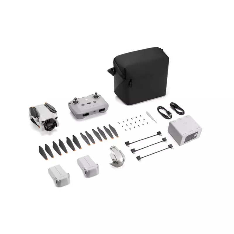 Quadcopter DJI Mini 3 Fly More Combo — 4-Rotor-Drohne, 12-MP-4K-Kamera, 10.000 m Reichweite, 10,55 m/s Höchstgeschwindigkeit, 2453 mAh Akku, 0,248 kg, grau