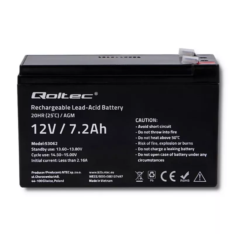 Qoltec 53062 AGM-Batterie | 12V | 7,2 Ah | max 108A