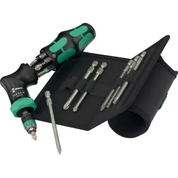 Ratschenschraubendreher Wera Kraftform Kompakt Pistol RA‑R 2 mit 13 Bits, kompaktes Ratschen-Pistolengriff-Design