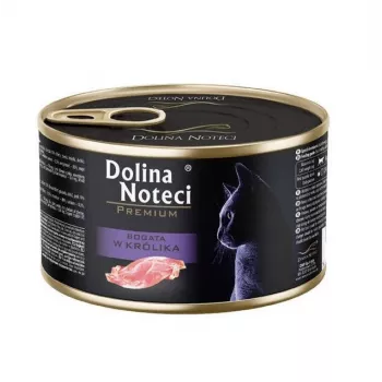 Nassfutter für Katzen Dolina Noteci Premium reich an Kaninchen 185 g — Alleinfuttermittel für ausgewachsene Katzen, Protein 10 %, Fett 6 %, Feuchtigkeit 80 %