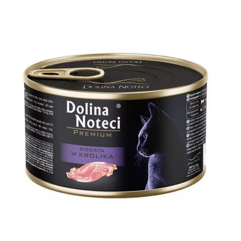 Nassfutter für Katzen Dolina Noteci Premium reich an Kaninchen 185 g — Alleinfuttermittel für ausgewachsene Katzen, Protein 10 %, Fett 6 %, Feuchtigkeit 80 %