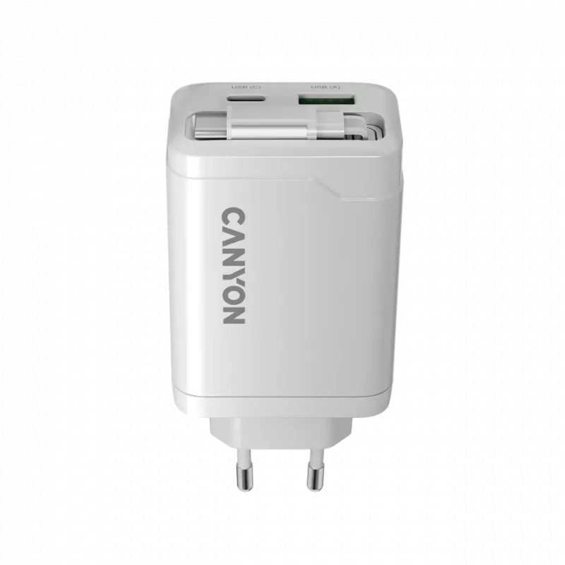 CANYON Ladegerät OnCharge 65RC mit integriertem USB-C-Kabel 65W, 1x PD, 1x QC, EU-Stecker, Weiß
