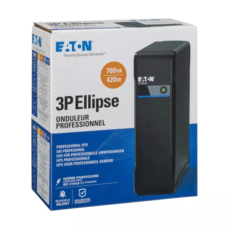 Unterbrechungsfreie Stromversorgung Eaton 3P Ellipse 0,7 kVA (420 W), Standby, 4 AC-Ausgänge, 7 Ah Batterie, Tower, Schwarz