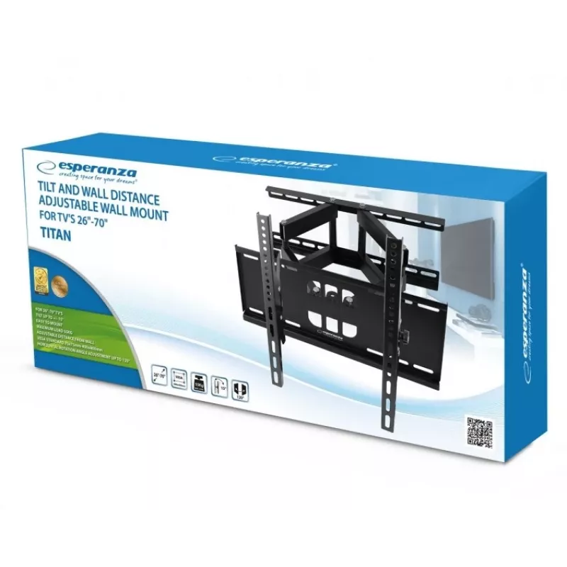 TV-Wandhalterung Esperanza TITAN für 26–70 Zoll (66–177,8 cm), neigbar ±15°, schwenkbar 120°, VESA bis 400×400, max. Traglast 55 kg, schwarz