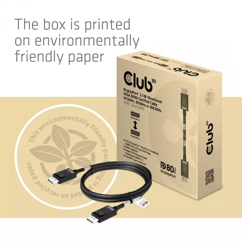 CLUB3D DisplayPort 2.1 Bi-Direktionales VESA DP80 Zertifiziertes Kabel 4K240Hz, 8K60Hz oder 10K30Hz M/M 1,2 m