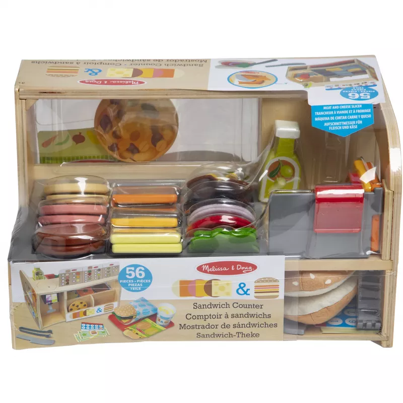 Melissa & Doug Holz-Sandwichtheke mit Aufschnittmaschine – 56-teiliges Spiellebensmittel-Set – FSC-zertifiziert