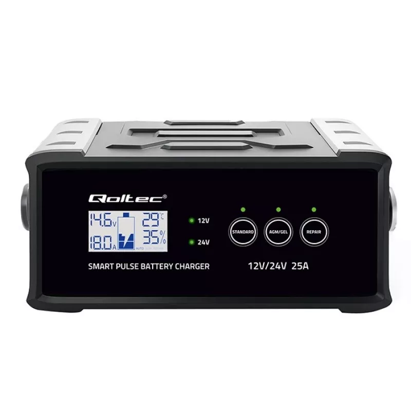 Batterieladegerät QOLTEC 52514 — 12V/24V, 25A, für AGM/GEL/SLA-Batterien mit LCD-Anzeige