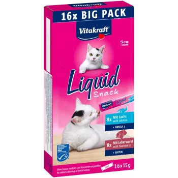 VITAKRAFT Liquid Snack Leber mit Lachs - eine Leckerei für Katzen - 16x15g