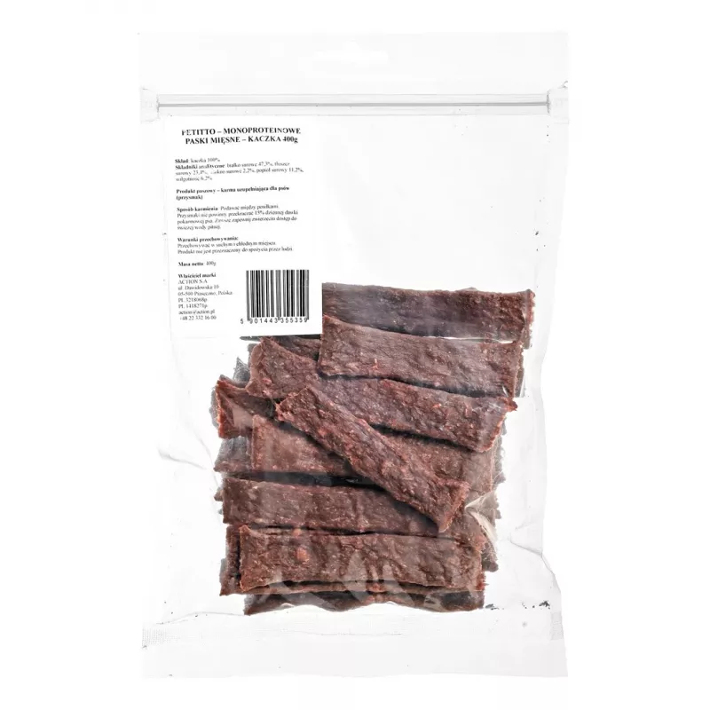 PETITTO Monoprotein Fleischstreifen Ente 400 g — Ein-Protein-Trainingssnack für Hunde, Protein 47,3 %, Fett 23,4 %