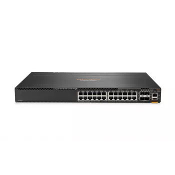 HPE Aruba 6300M - Switch - L3 - managed - 24 x 10/100/1000 + 4 x 1 Gigabit / 10 Gigabit / 25 Gigabit / 50 Gigabit SFP56 (Uplink / Stacking) - Front und Seite zu Hinterseite - an Ra