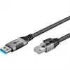 Ethernet-Kabel USB-A 3.2 Gen1 Stecker > RJ-45 Stecker, LAN-Adapter schwarz/Silber, 2 Meter, umflochtene Textilummantelung