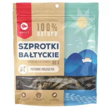 Hundeleckerlis MACED Sprotten 85 g — Fischsnack für erwachsene Hunde, Protein 49% Fett 38%, frei von Konservierungsstoffen und Gluten