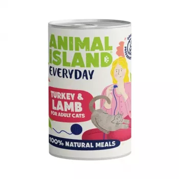 Nassfutter für Katzen Animal Island Everyday Pute und Lamm 400 g — Alleinfutter für ausgewachsene Katzen, Protein 11,1 %, Fett 5,3 %, Feuchtigkeit 78,8 %