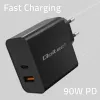 Qoltec 52381 Super Quick PD-Ladegerät | 1xUSB-C | 1xUSB | 90W | 5-20V | 2,4-4,35A | Schwarz