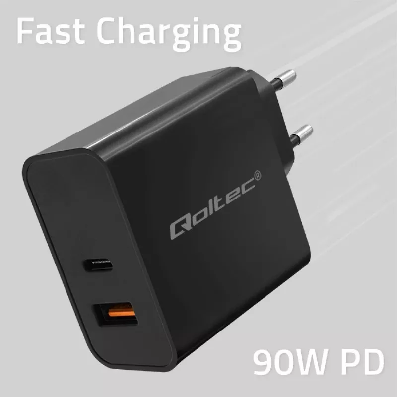Qoltec 52381 Super Quick PD-Ladegerät | 1xUSB-C | 1xUSB | 90W | 5-20V | 2,4-4,35A | Schwarz