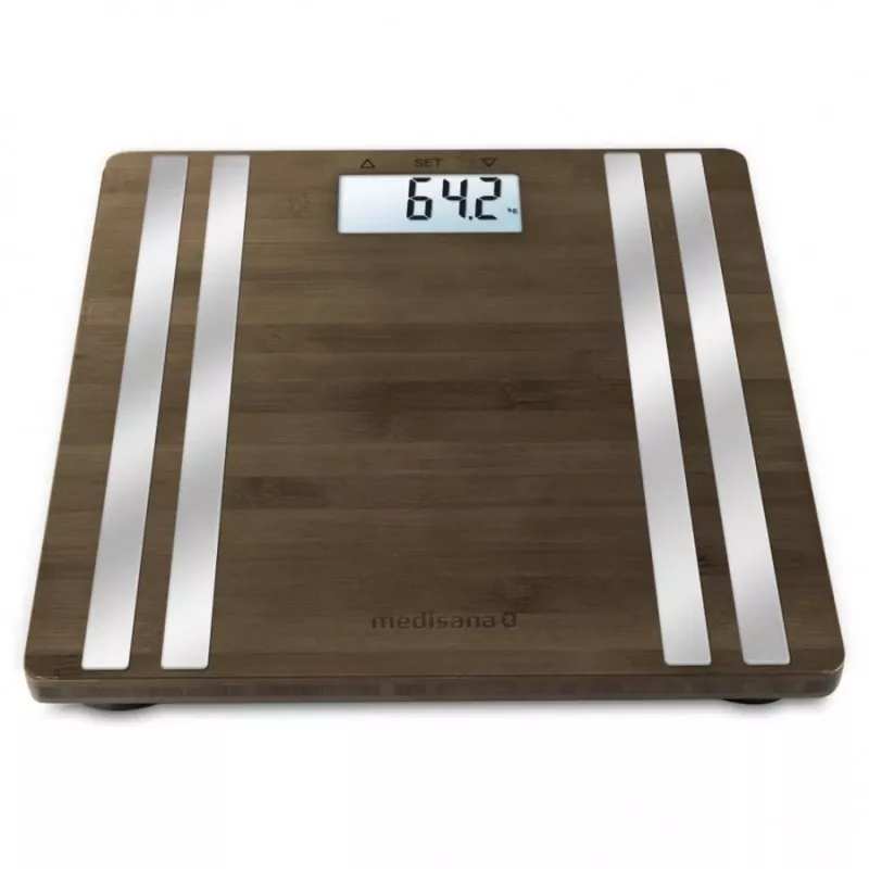Elektronische Personenwaage Medisana BS 552 — silberfarben mit Bambus-Oberfläche, max. 180 kg, 100-g-Genauigkeit, Bluetooth, BMI, Körperzusammensetzung