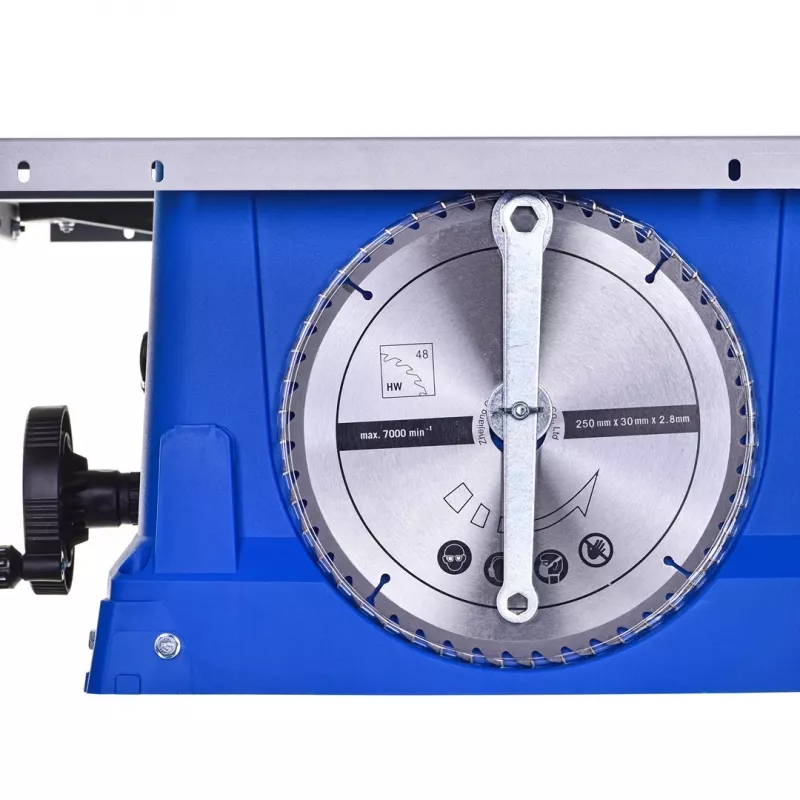 Tischkreissäge Scheppach HS100S Special Edition — 2000 W, 250 mm Sägeblatt, 85 mm Schnitttiefe, 0–45° Gehrung, klappbarer Standfuß