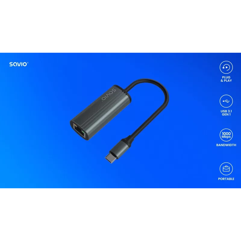 SAVIO Adapter USB-C 3.1 Gen.1 (M) auf RJ-45 Gigabit Ethernet (F), 1000 Mbps, AK-56, grau