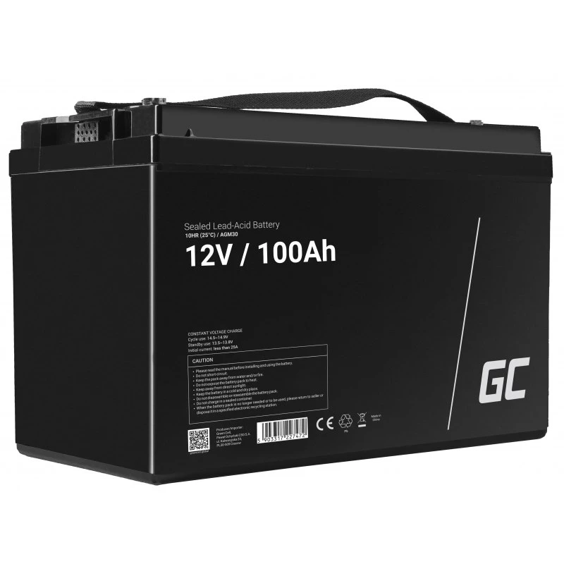 Fahrzeug-/Marine-Freizeitbatterie Grün Cell AGM30 12 V 100 Ah verschlossene Blei-Säure-Batterie (VRLA), wartungsfrei, 171×214×330 mm