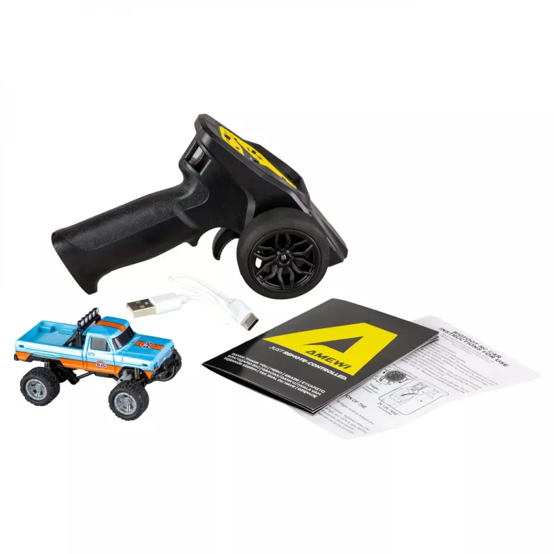 Funkgesteuerter Amewi Monster Truck DieCast 1:64 RTR, blau/orange