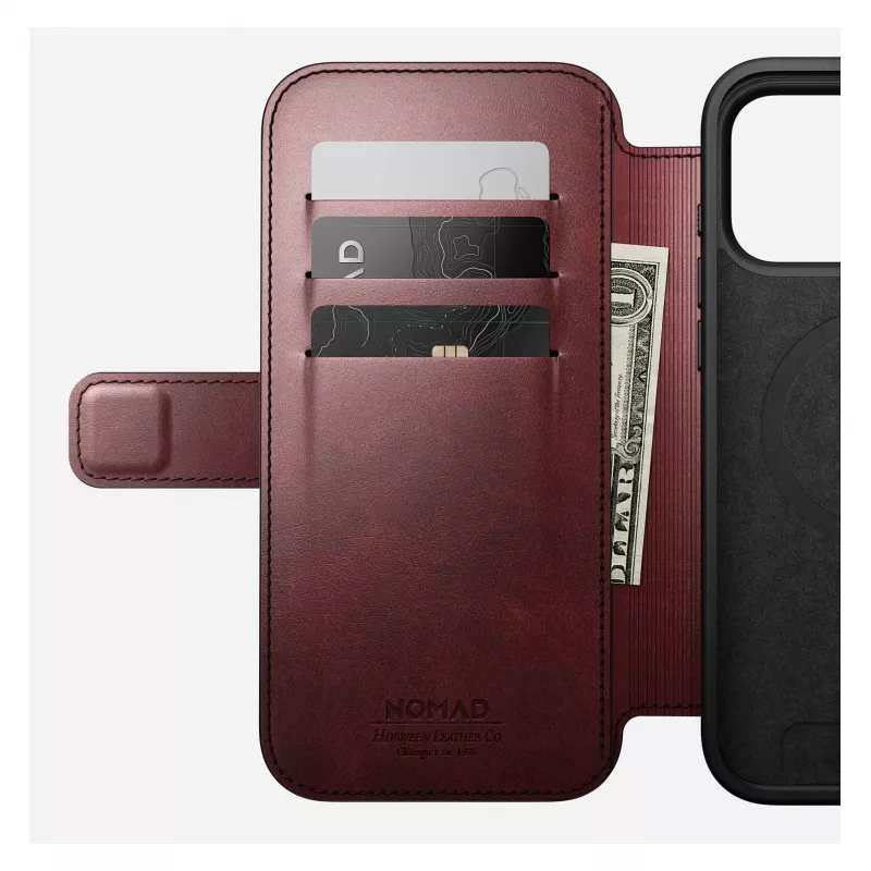 Handyhülle Nomad Modern Leather Folio für iPhone 17 Pro Max — Leder, TPU, PC, Aluminium, Burgund, 16 cm (6,3 Zoll)