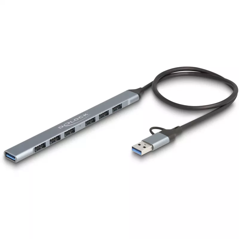DELOCK 4 Port schlank USB Hub — USB 3.2 Gen 1 Host Typ-C, 3× USB 5 Gbit/s Typ-C + 1× USB 5 Gbit/s Typ-A, Grau, Metall