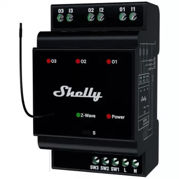 Intelligentes Relais Shelly Wave PRO 3 — schwarz, Kunststoffgehäuse, 110–240 V AC, 50–60 Hz, 0,3 W, 53×59×96 mm
