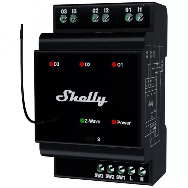 Intelligentes Relais Shelly Wave PRO 3 — schwarz, Kunststoffgehäuse, 110–240 V AC, 50–60 Hz, 0,3 W, 53×59×96 mm