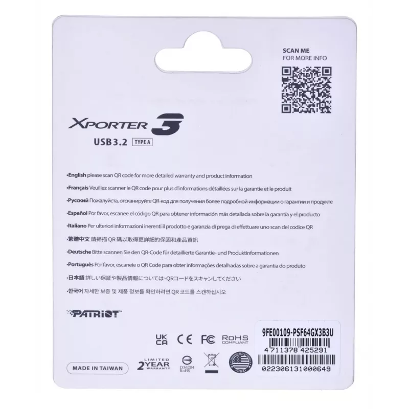 USB-Flash-Laufwerk PATRIOT Xporter 64 GB USB Typ-A 3.2 Gen 1 (Schieber, schwarz, 80 MB/s)