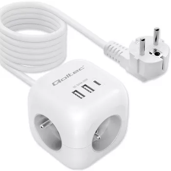 Power Cube QOLTEC 52547 Steckdosenleiste 3×AC-Steckdosen, 2×USB-A, 1×USB-C PD 20W