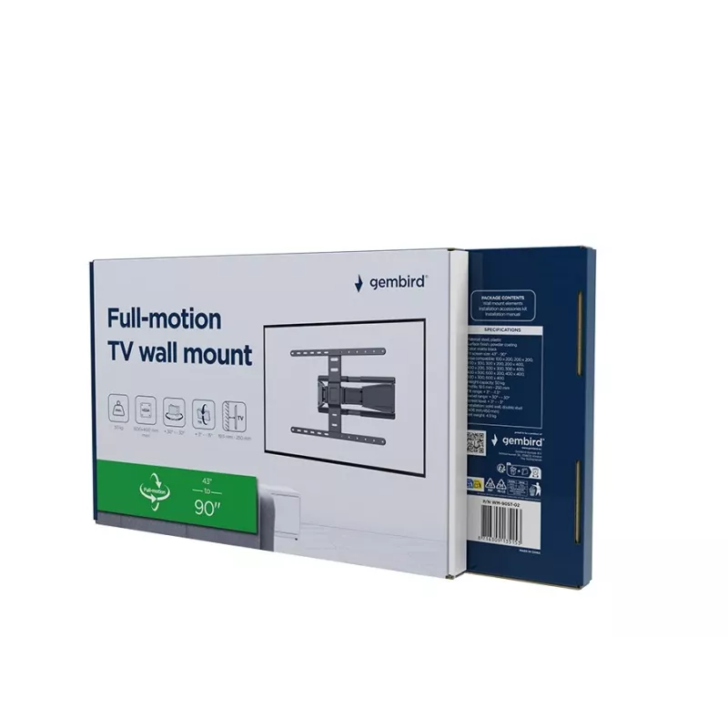 Vollbewegliche TV-Wandhalterung GEMBIRD WM-90ST-02 für 43–90 Zoll Bildschirme, Gelenkhalterung, VESA 100x200–600x400, 50 kg Tragkraft