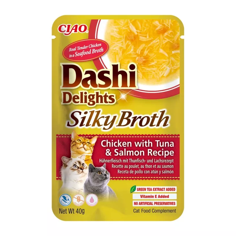 Nassfutter-Leckerli für Katzen INABA Dashi Delights Silky Broth – Huhn mit Thunfisch & Lachs, 40 g Beutel, 93% Feuchtigkeit, diätetische Verdauungsunterstützung