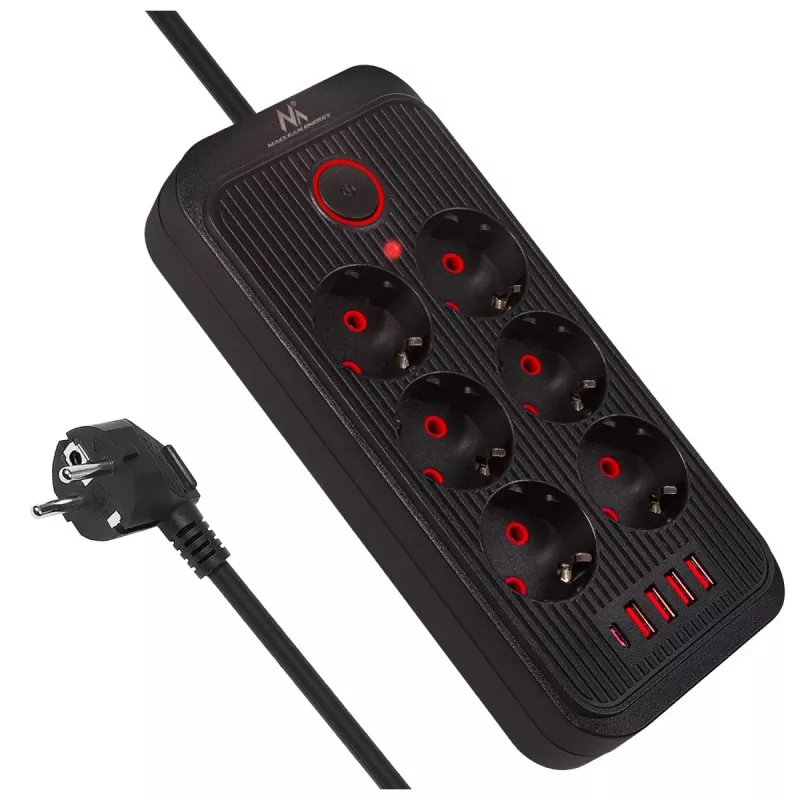 Steckdosenleiste MACLEAN MCE391 B – 6 Steckdosen, 4×USB-A + 1×USB-C, 110–240V, 2500W, 3 m Kabel, schwarz