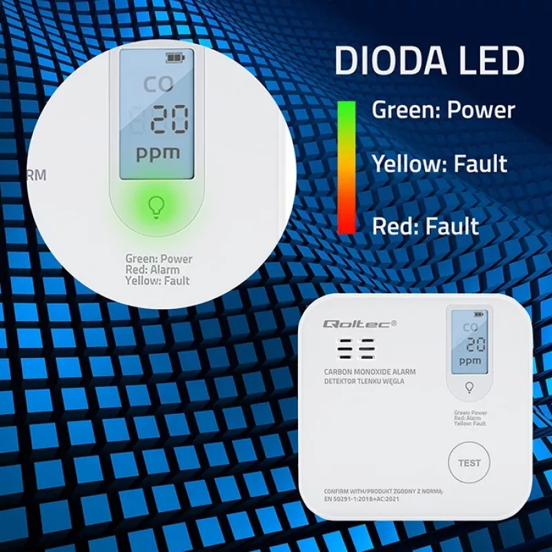 Kohlenmonoxid-Sensor QOLTEC 52577 — batteriebetriebener Alarm, 85 dB Schallpegel