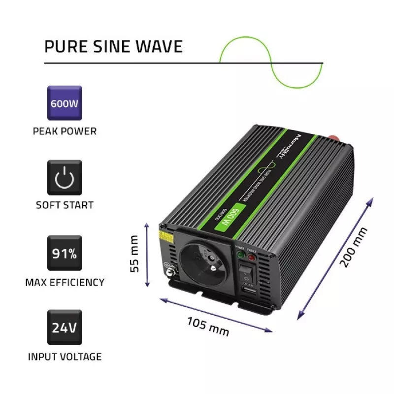 Qoltec Monolith power adapter/inverter Auto 600 W Schwarz