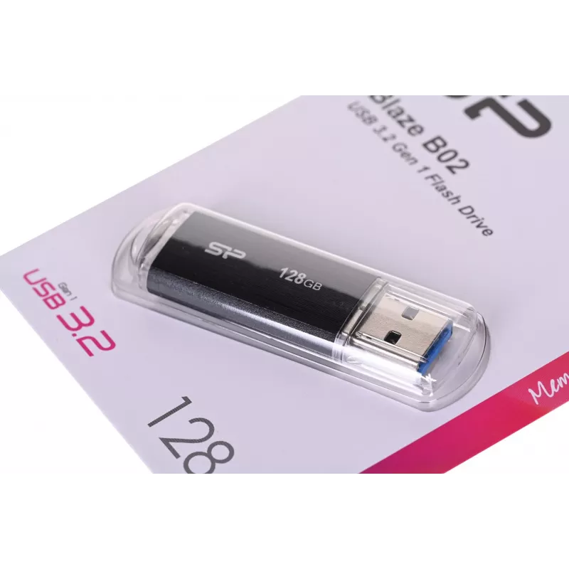 USB-Stick Silicon Power 128 GB USB Type-A 3.2 Gen 1 Blaze B02, Kunststoffkappe, Schlüsselring, Schwarz