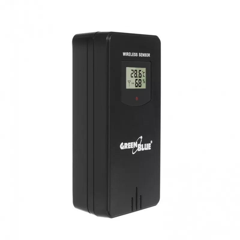 Hygrometer Thermometer GreenBlue GB540 — indoor 0–50°C / outdoor -20–65°C, DCF-Uhr, Außensensor 60 m, schwarz