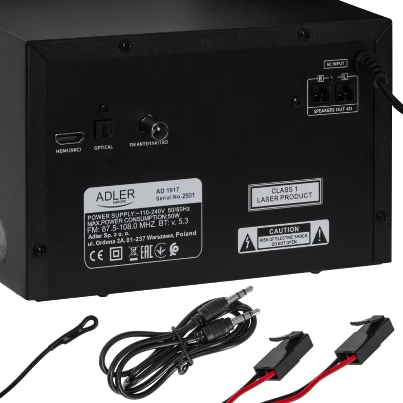 Mini Hi‑Fi Stereo System Adler AD 1917 — Bluetooth V5.3, CD/USB/MP3, 2×25 W RMS, UKW-Tuner, 4‑Band-Equalizer, AUX, Schwarz