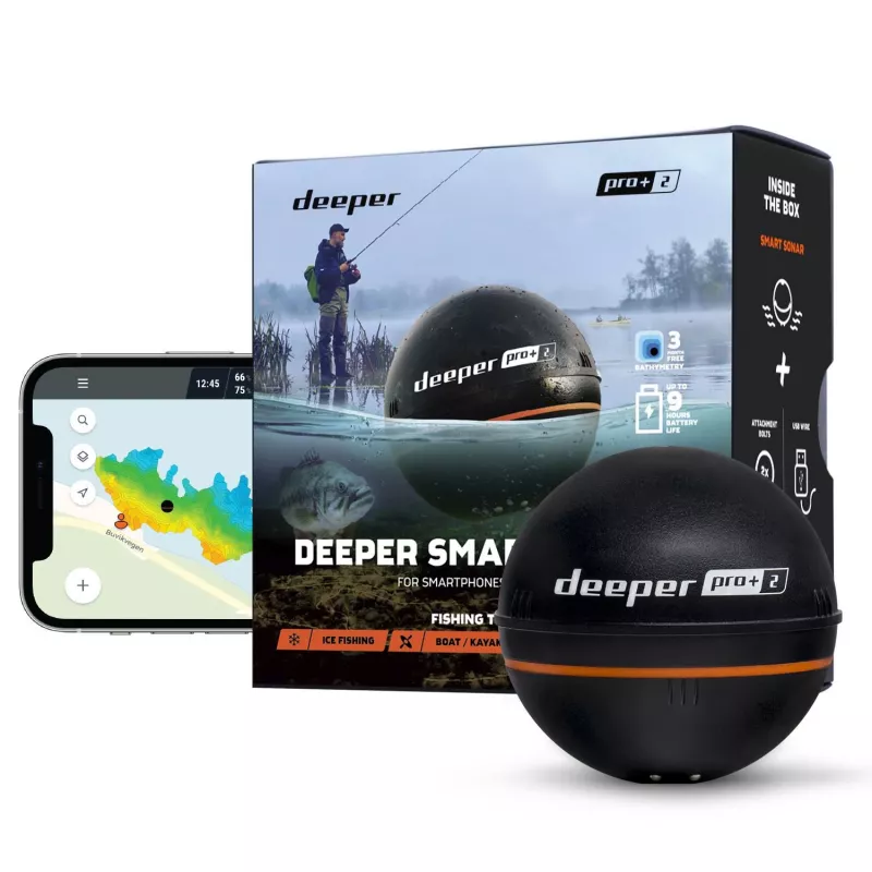 Tragbares Fischfinder Deeper Smart Sonar PRO+ 2 Sonar 675 kHz, 100 m Reichweite, 65×65×65 mm, Li‑Ion 950 mAh