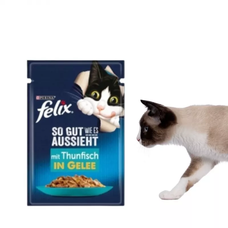 Nassfutter für Katzen Purina Felix proteinreich 100 g Beutel — Geschmack Fisch & Huhn, ausgewachsene Katzen, Packung mit 120