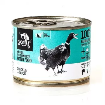 Nassfutter für Katzen 3coty Huhn & Ente für Kätzchen 180 g — Alleinfuttermittel, Protein 20%, Fett 9%, Feuchtigkeit 69,2%
