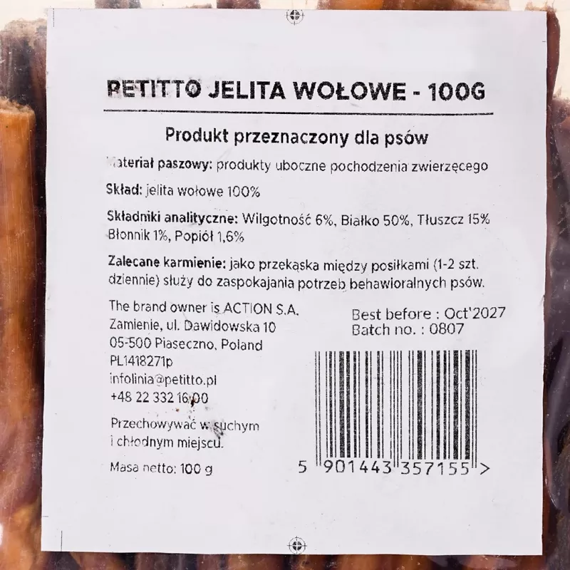 Hundekauartikel PETITTO Rinderdarm Kauartikel 100 g — natürlicher Einkomponenten-Kauartikel für Hunde