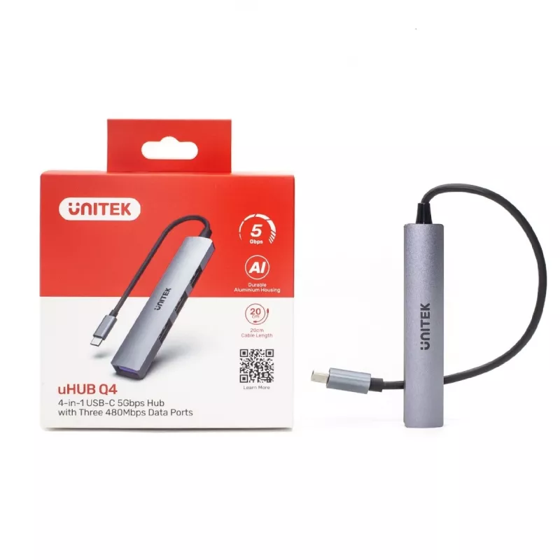 USB-C-Hub Unitek H1208B — 1x USB-A 5 Gbit/s, 3x USB-A 2.0, USB-C-Host, Aluminiumgehäuse, 0,20 m Kabel