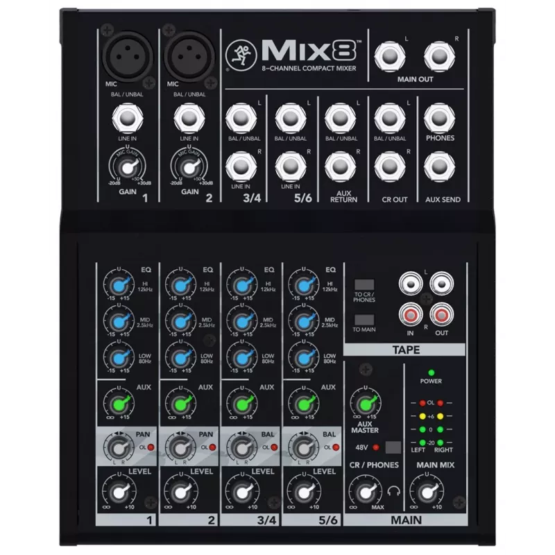 Mixer Mackie Mix8 — 8-Kanal-kompakter Analogmixer, 20–30000 Hz, 3800 Ω Mikrofoneingangsimpedanz, 198×244×53 mm