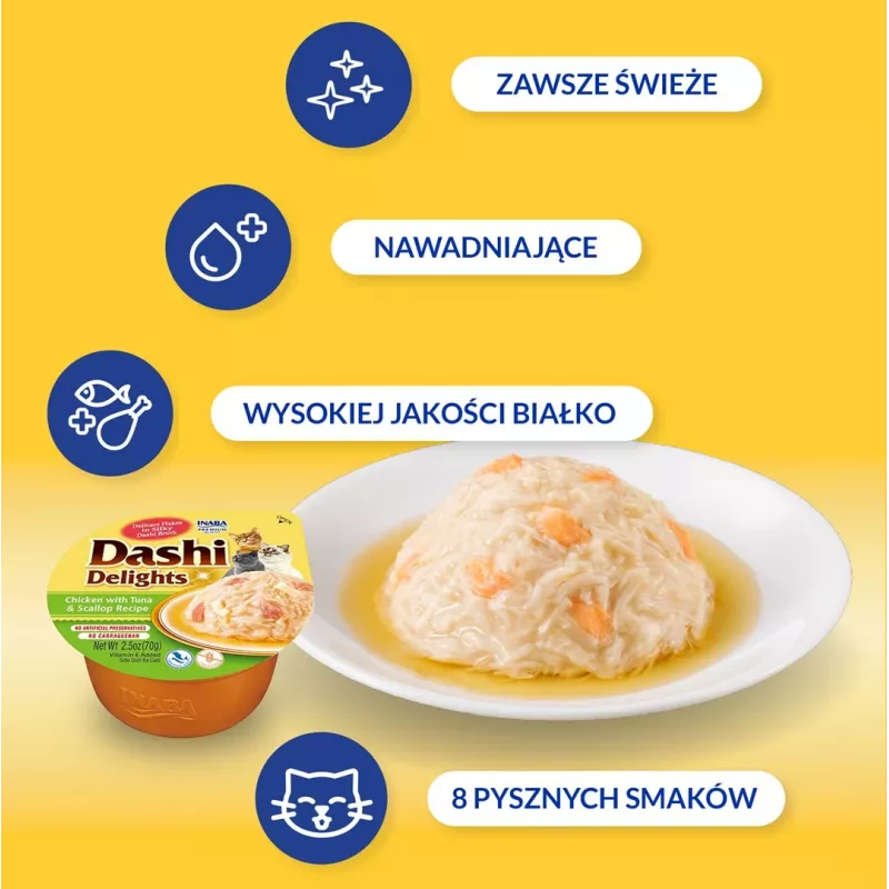 Katzenleckerli INABA Dashi Delights Huhn, Thunfisch & Jakobsmuschel-Bouillon 70 g – nasses Katzenleckerli, 88 % Feuchtigkeit, 11 % Protein