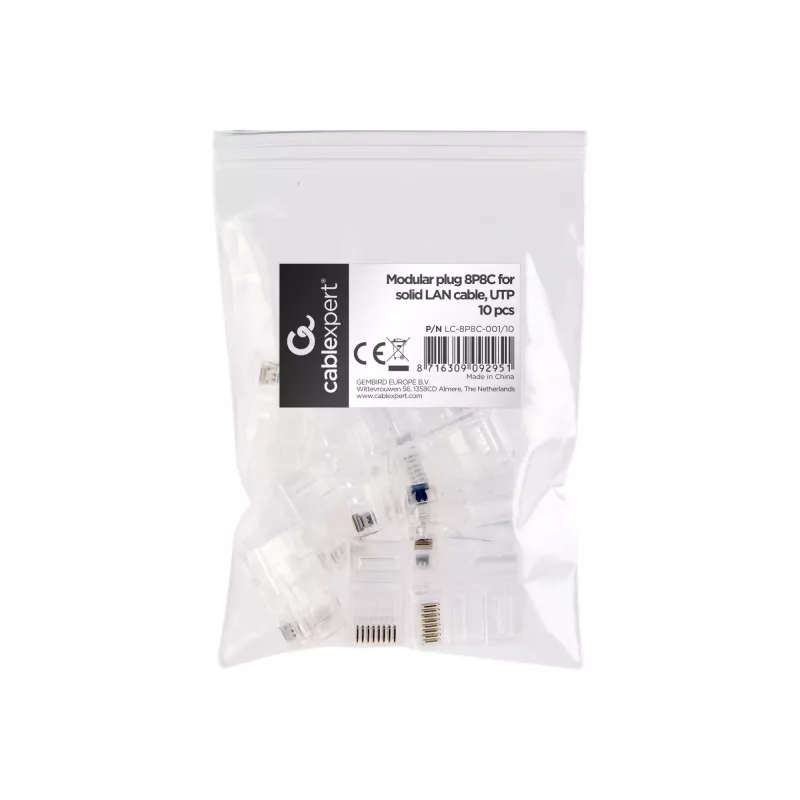 Modularstecker 8P8C für feste LAN-Kabel CAT5, UTP, 10 Stk. pro Beutel | Modularer 8P8C RJ45-Stecker, 30µ” vergoldet, 3-zackige Innenkontakte für feste LAN-Kabel