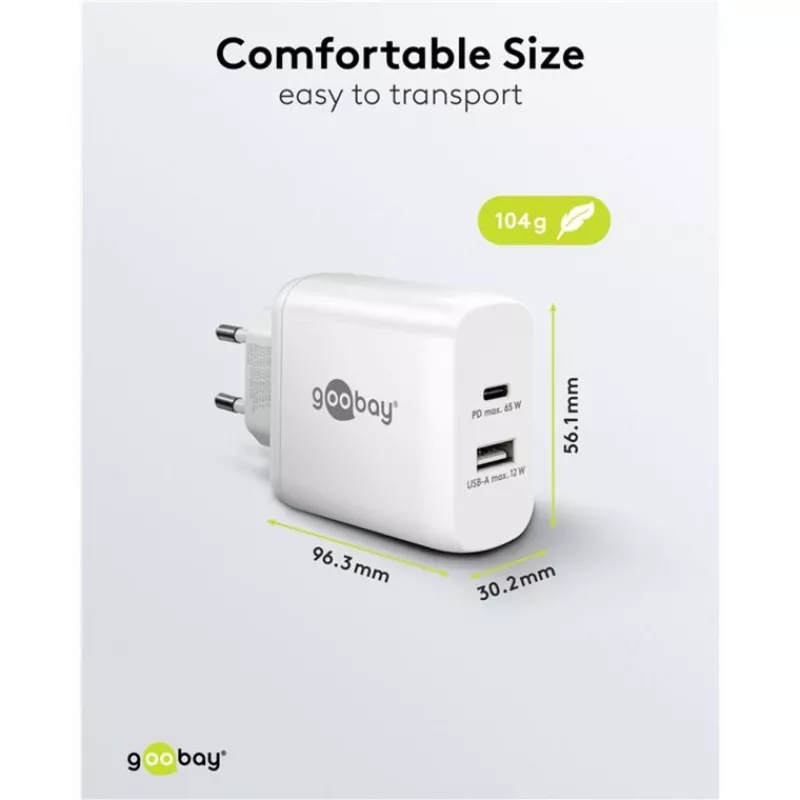 USB-C Dual-Schnellladegerät, PD, GaN, 65 Watt (Weiß, 1x USB-C, 1x USB-A, Power Delivery)