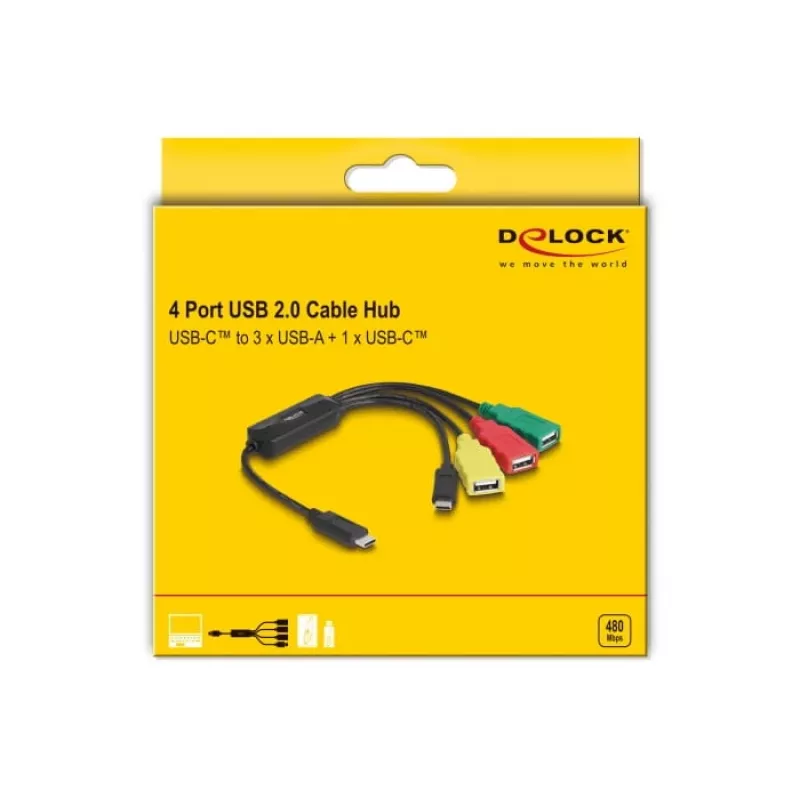 DeLOCK 4-Port USB 2.0 Kabel-Hub USB Type-C auf 3 x USB-A Buchse + 1 x USB-C Stecker