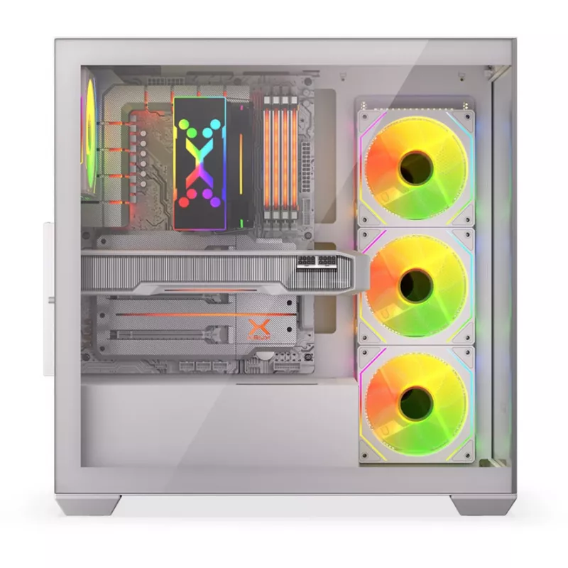 PC-Gehäuse KRUX Exo RGB White — ATX-Tower, Stahl, 2x3,5 Zoll + 2x2,5 Zoll Einschübe, USB-C, RGB