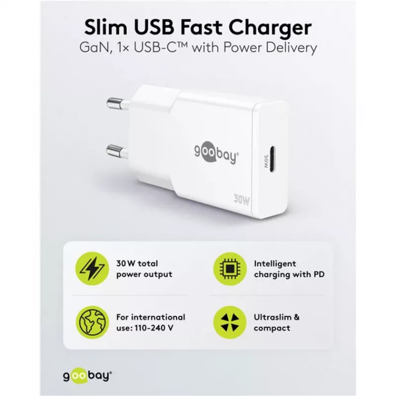 USB-C PD GaN schlank-Schnellladegerät (30 W) (Weiß)